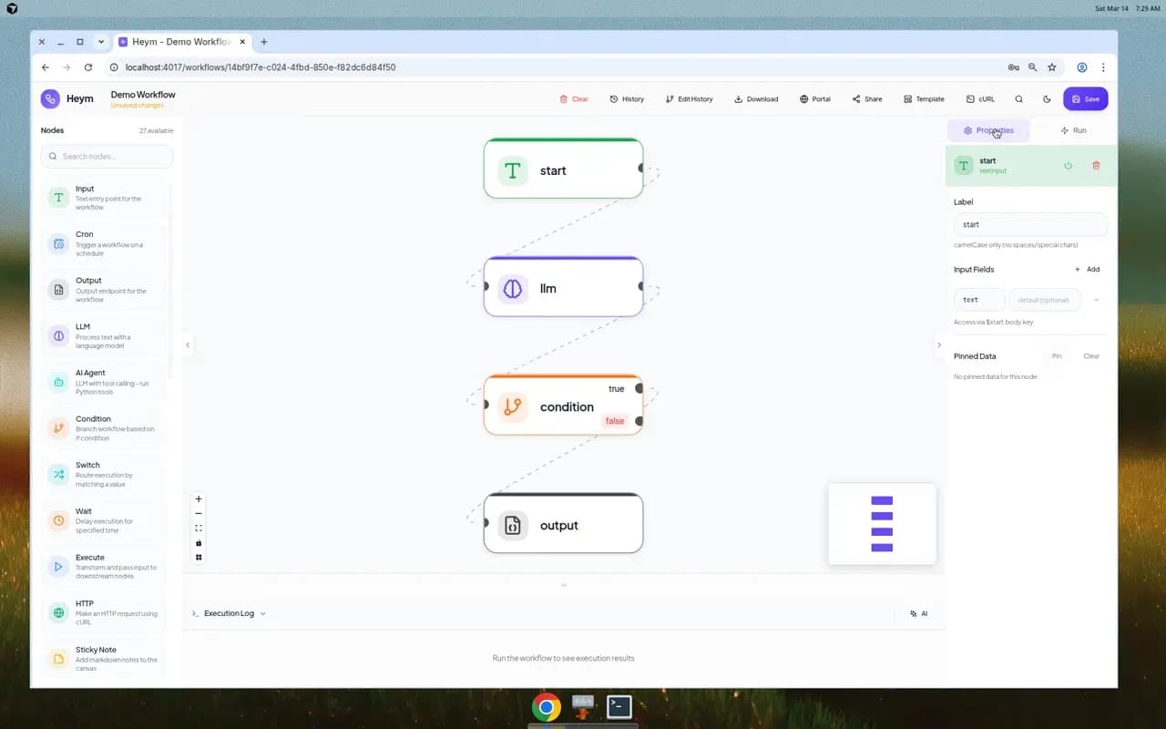 Heym visual workflow canvas with connected nodes selected and properties panel open
