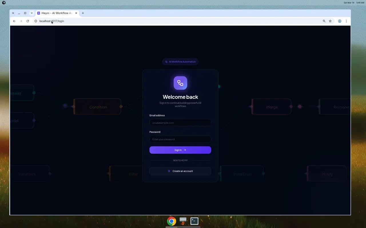 Heym login page with animated workflow canvas background showing connected AI nodes