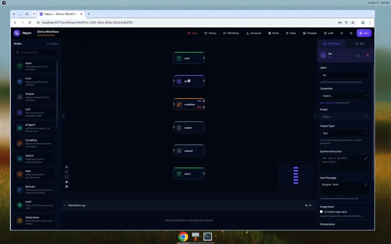 Heym LLM node configuration panel showing model selector, prompt fields, and expression editor