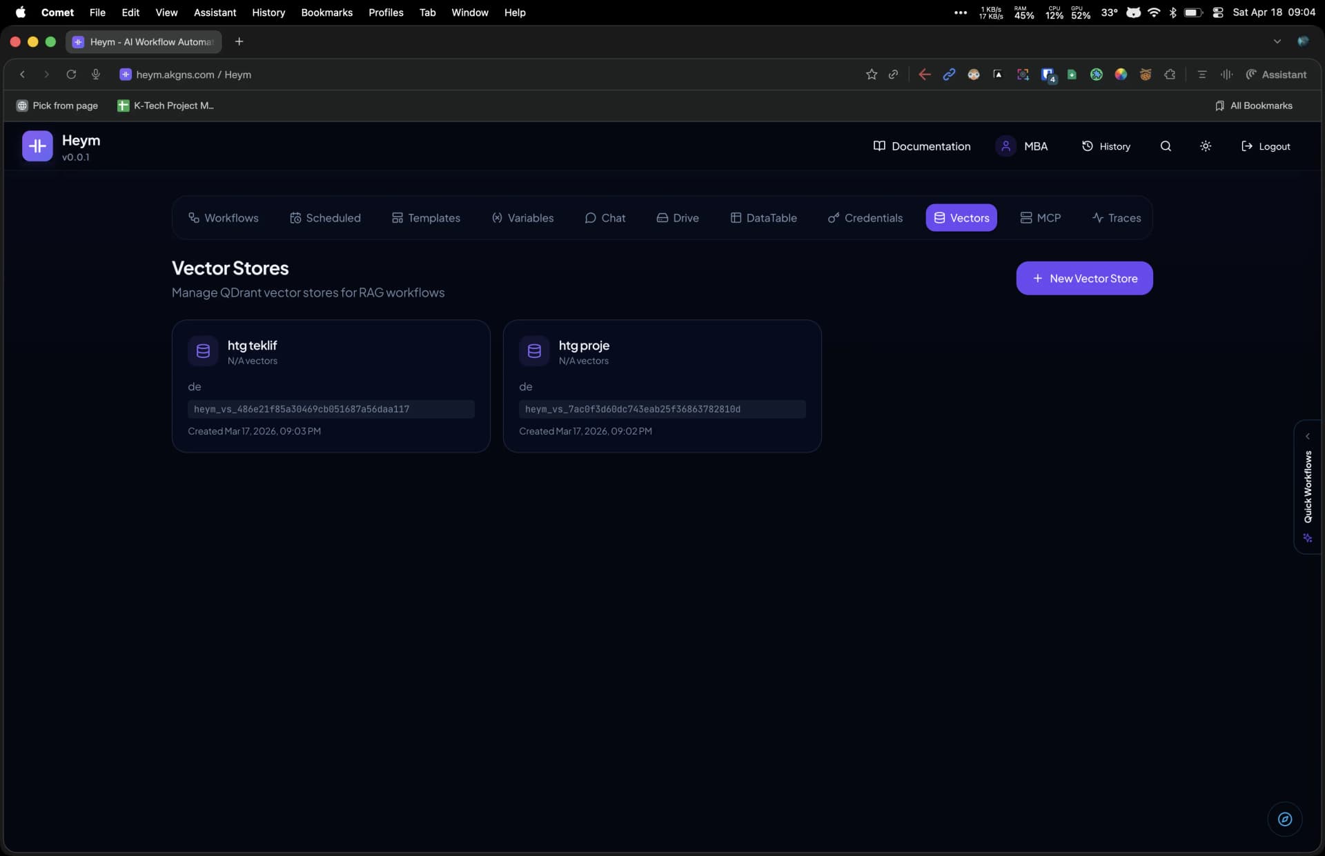 Heym built-in RAG pipeline with Qdrant vector store and document upload