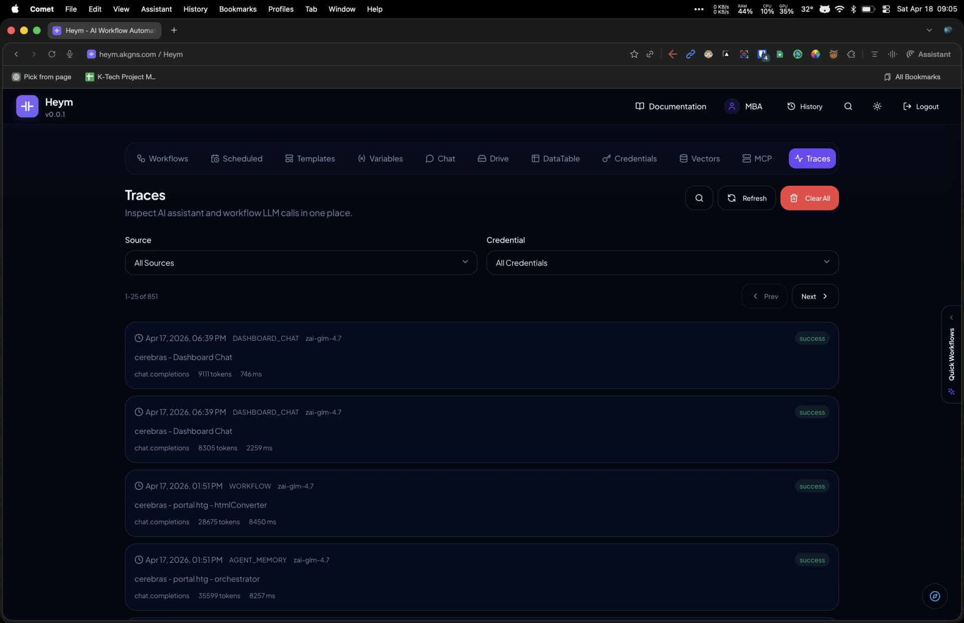 Heym observability dashboard showing LLM trace timeline with token usage and timing