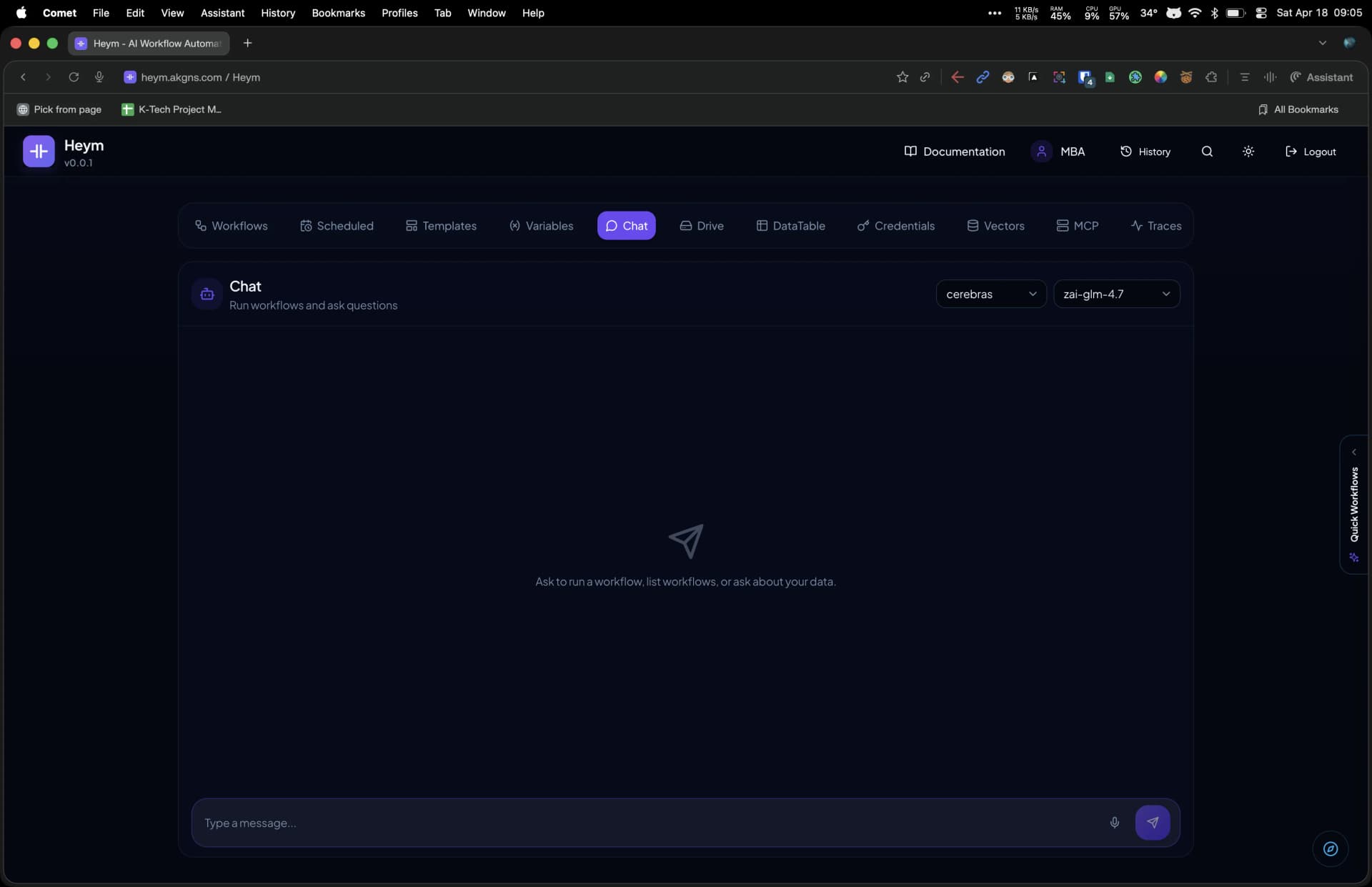Heym AI assistant generating a workflow canvas from natural language description