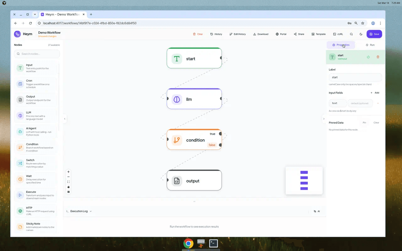Heym Workflow Canvas - Visual AI workflow editor with connected nodes and properties panel
