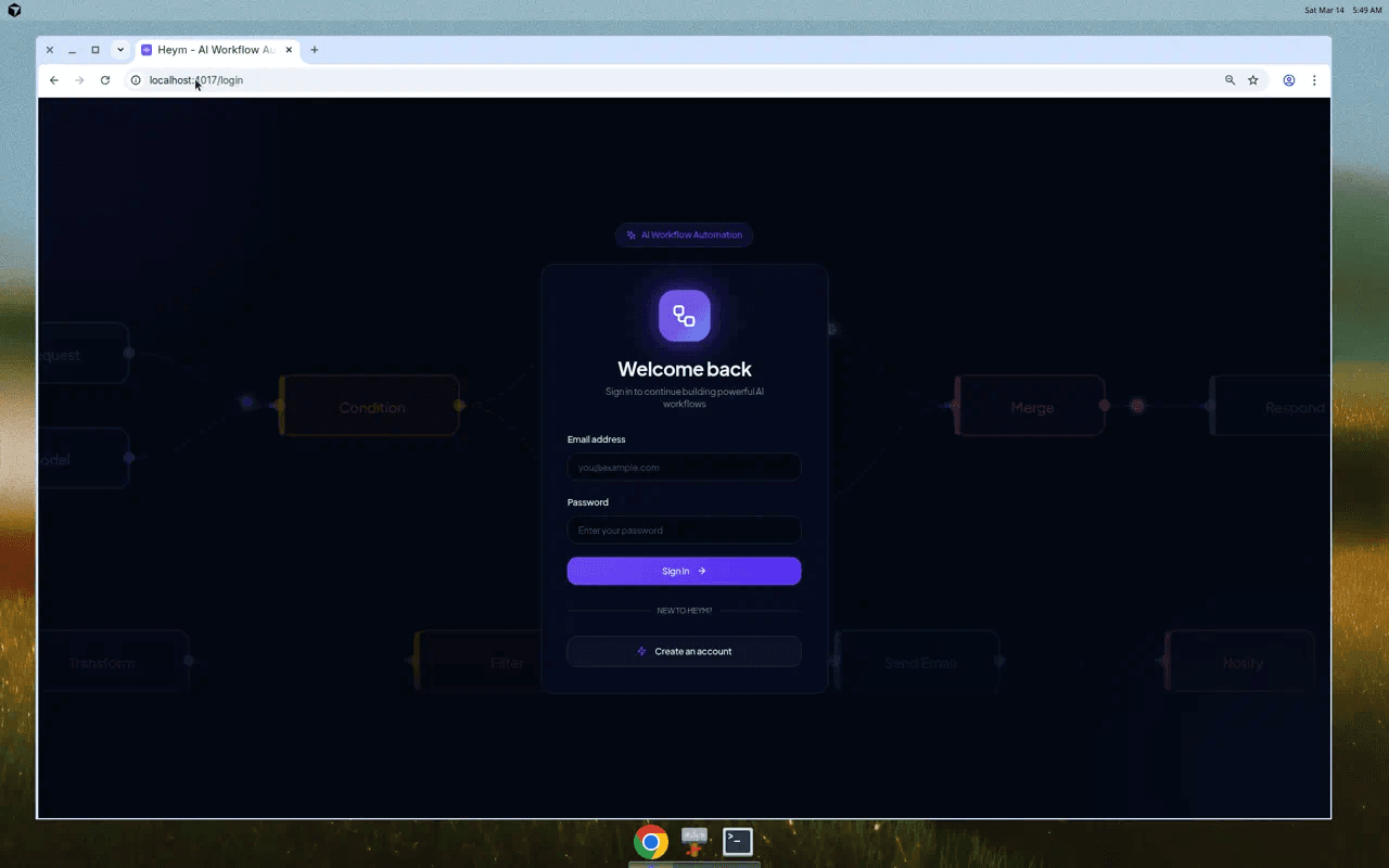 Login Page - Animated workflow canvas in the background