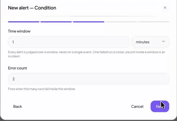 Heym new-alert wizard, Condition step: a time window of 1 minute with the note that every alert is judged over a window, never on a single event, and an error count threshold of 2