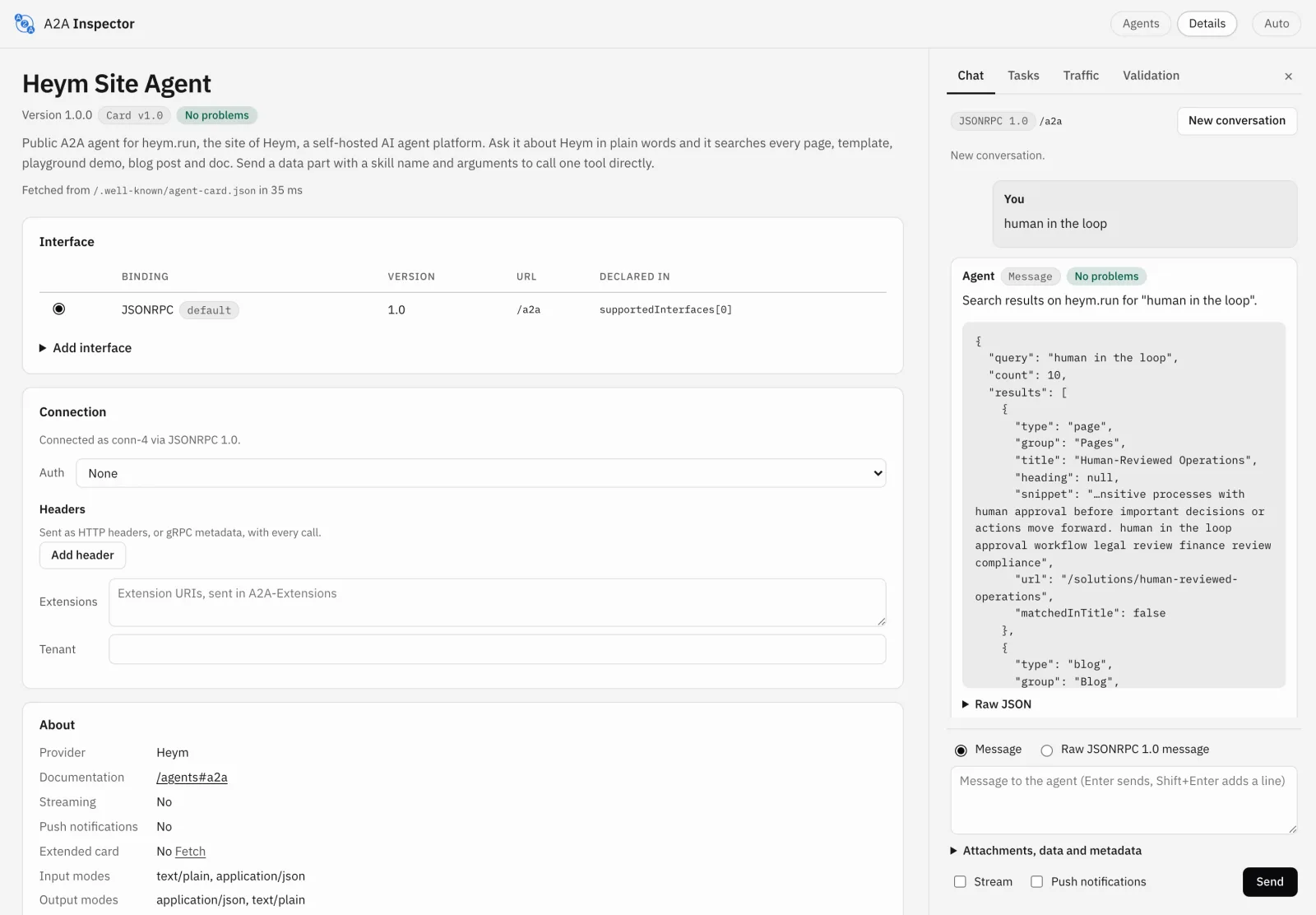 A2A Inspector showing the Heym Site Agent: agent card read as A2A 1.0 with no problems, a JSONRPC 1.0 interface at /a2a, the message 'human in the loop' and the agent's reply with search results, also marked no problems.